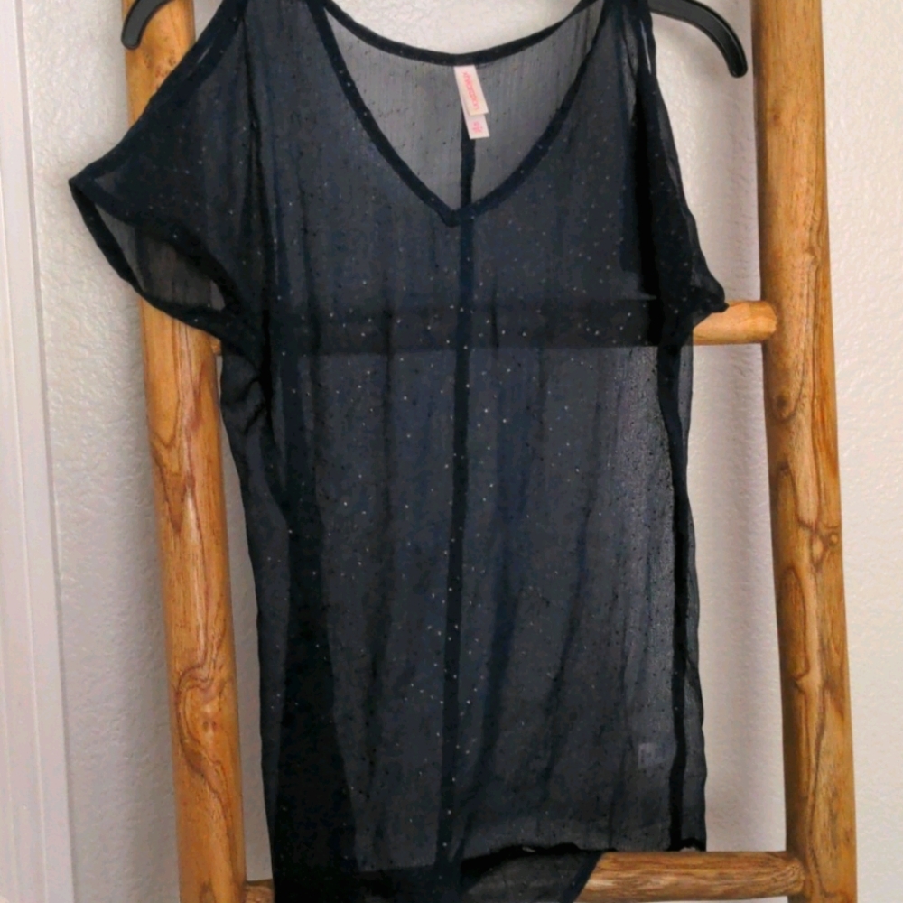Sheer open shoulder navy shirt